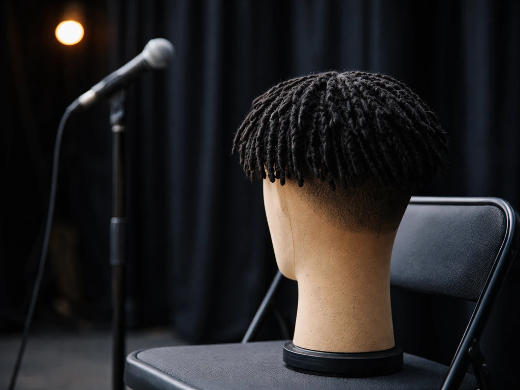 Close-up of a microphone and a head of neat locs on a backstage chair, music-industry vibe