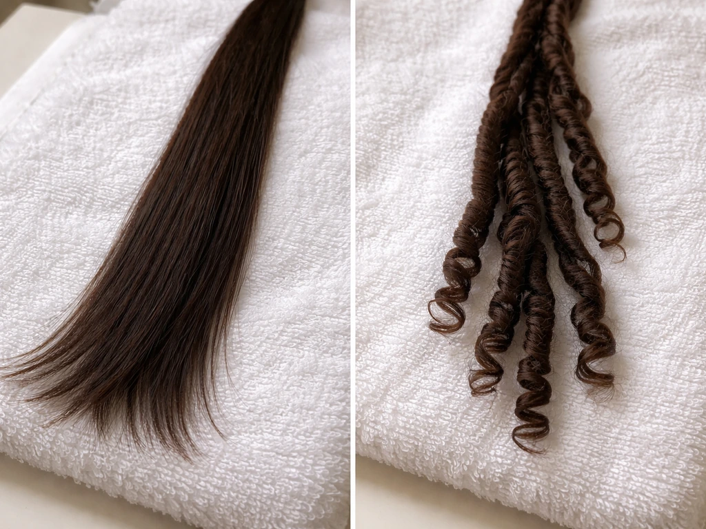 Close-up of two anonymous hair strands: one stretched straight for growth, one section twisting into loc-style coils.