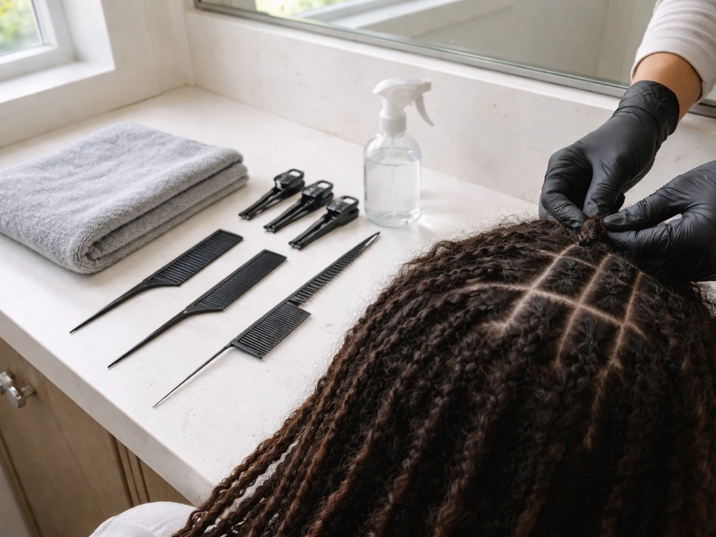 Starter-locs tools arranged on a clean counter with gloved hands sectioning prepared hair.