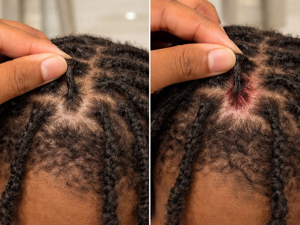 Close-up of starter loc roots showing relaxed vs too-tight, red-flag tension areas on the scalp.