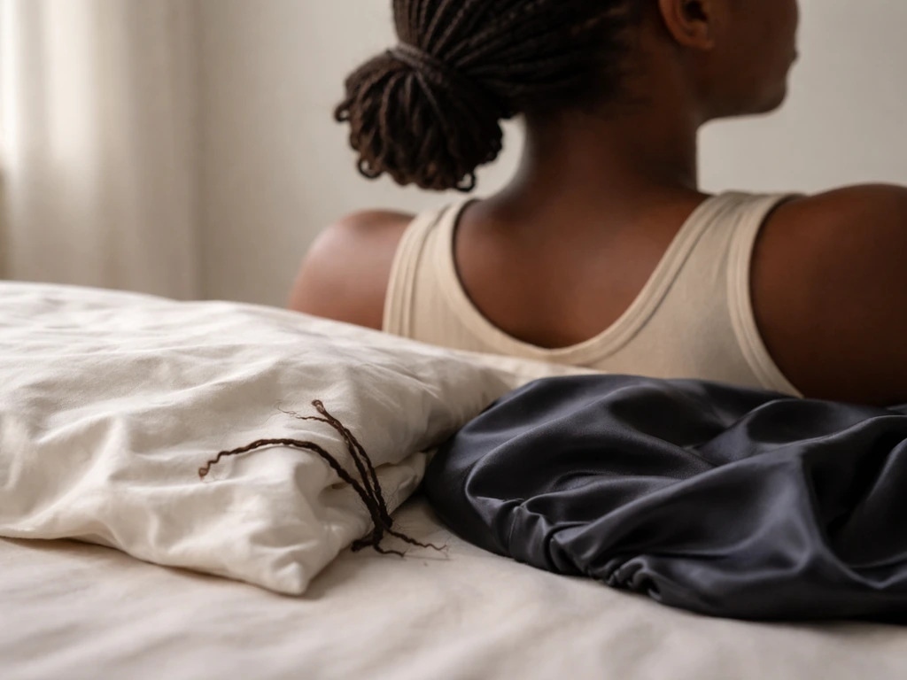 Starter locs beside cotton pillowcase and satin bonnet cloth, suggesting friction vs protection.