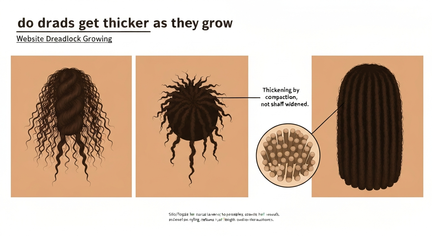Illustration showing progression from loose hair section to mature, dense dreadlock with cross-sectional inset explaining compaction.