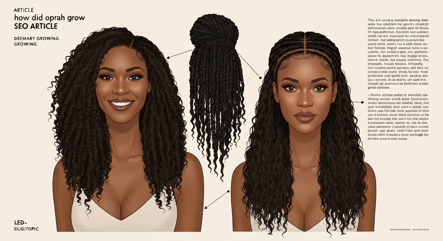 Illustrated magazine-style portrait of a Black woman showing textured hair in several protective styles arranged like a timeline, conveying healthy growth and styling variety.