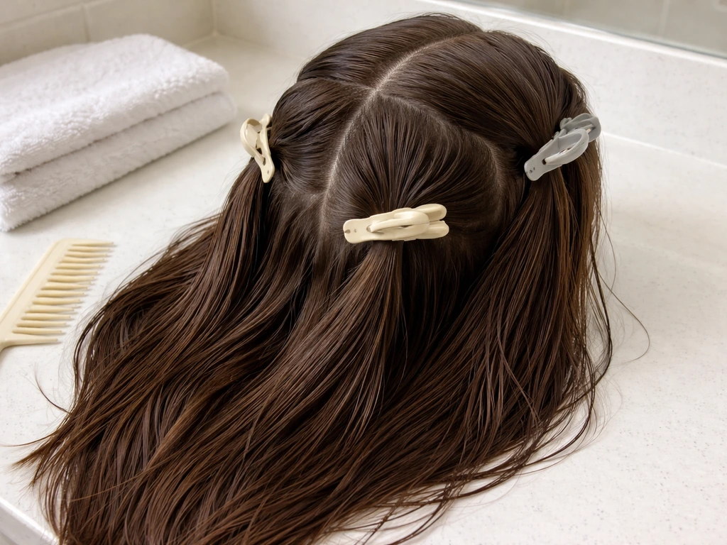 Detangled clarified hair sectioned neatly on a clean bathroom counter before starting locs
