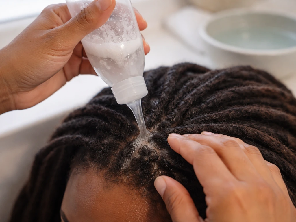 Hands squeeze diluted shampoo from a bottle onto the scalp around natural locs in a bathroom.