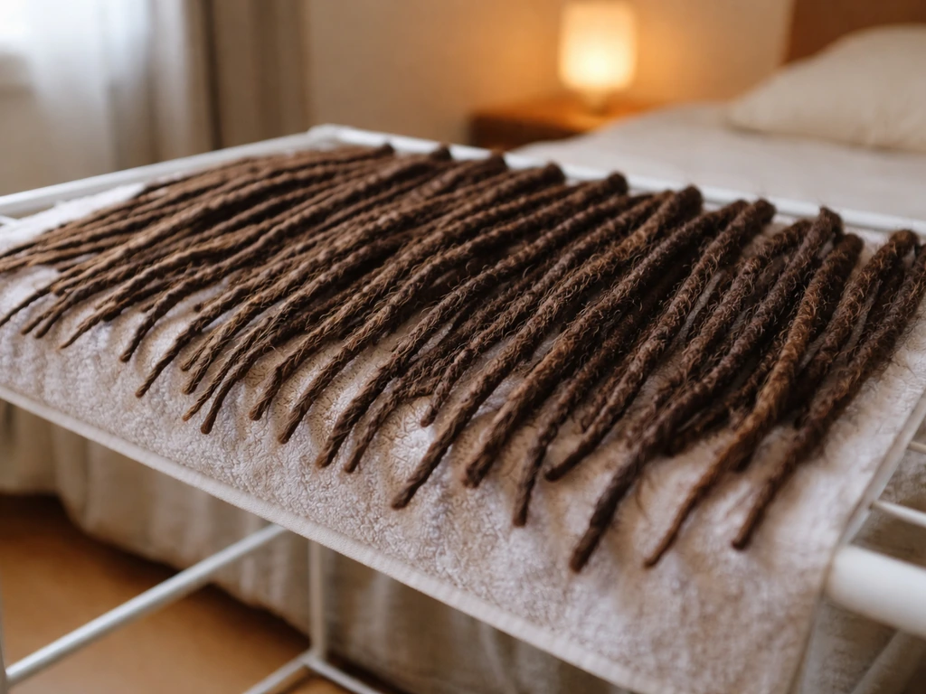 Locs laid out on a drying rack and towel, roots fully air-drying before sleep.