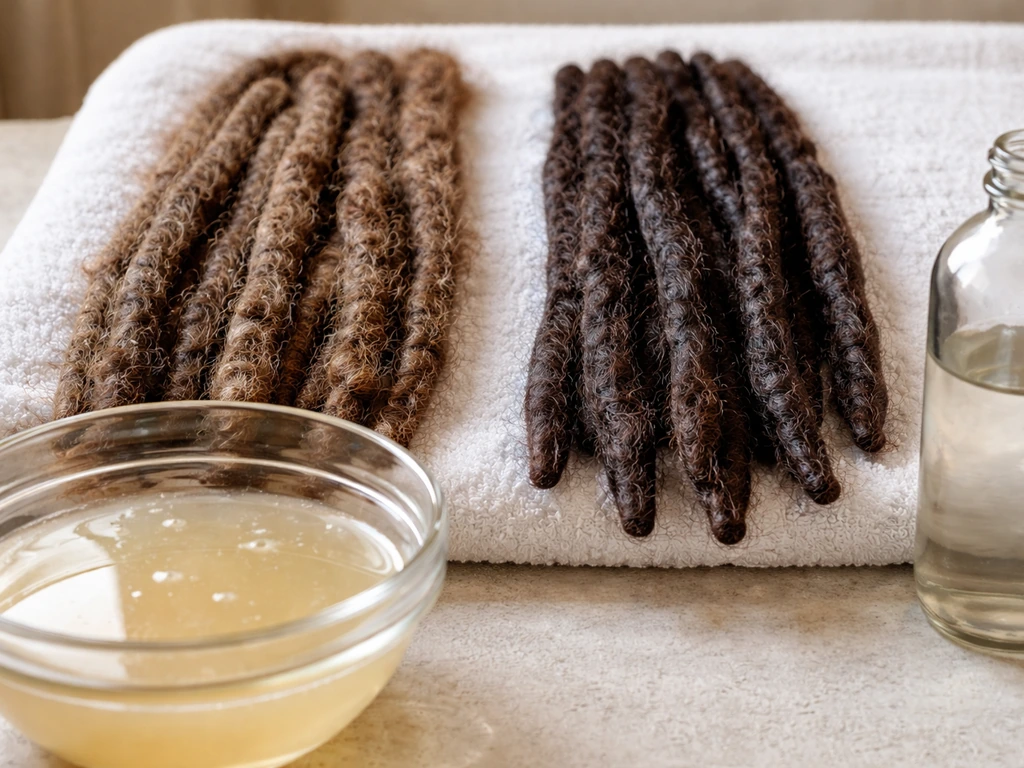 Close-up of two dreadlock sections on a towel, one with waxy buildup and one clean after a rinse.