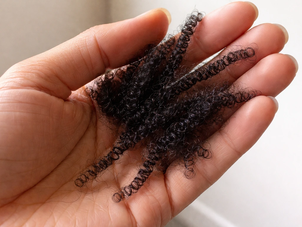 Close-up of short natural hair being gently separated to assess curl pattern and shrinkage.