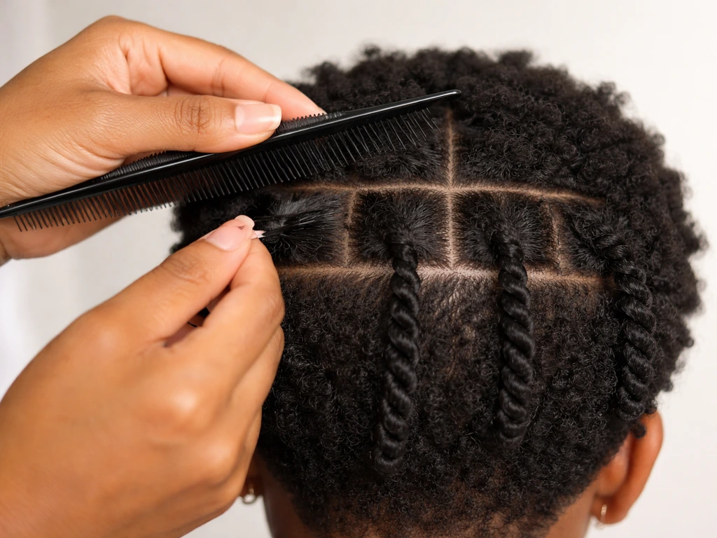 Close-up of hands using a comb to create grid parts and two-strand twists on short natural hair.