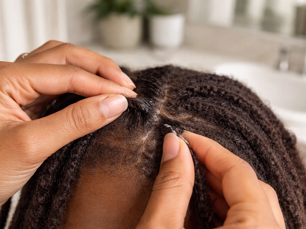 Close-up of hands retwisting a single loc at the roots in a quiet bathroom setting.