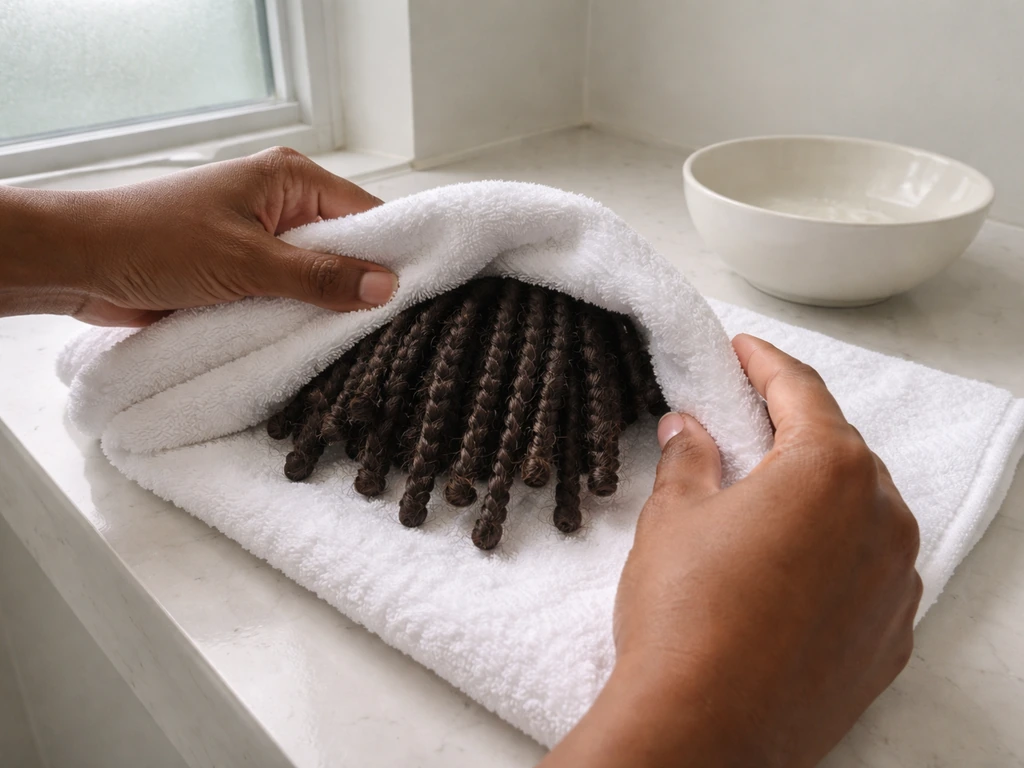 Hands wrapping damp short starter locs with a soft towel after a clarifying wash.